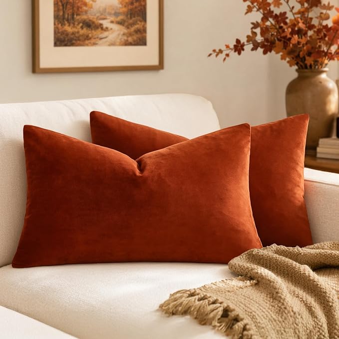 MIULEE 12x20 Inch Lumbar Velvet Fall Throw Pillow Covers Burnt Orange | Pack of 2 Soft Solid Decorative Pillow Covers, Modern Luxury Home Decor, for Chair Couch Sofa Bedroom Livingroom