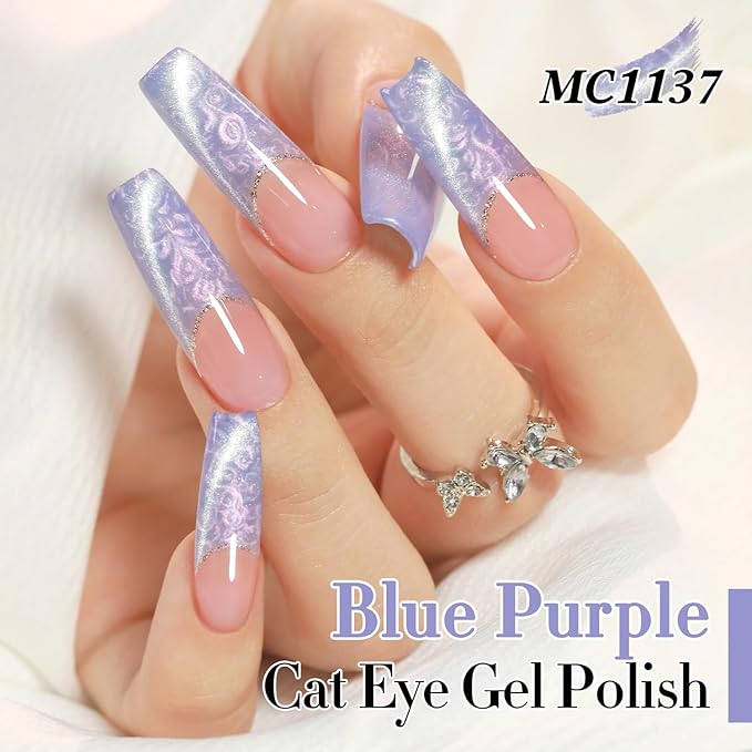 Double Rhythm 15ML Ice Glass Cat Eye Gel Polish with Magnet Holographic Glitter Shimmer Translucent Sheer Color Salon Soak Off Magnetic Nail at Home (Blue Purple-MC1137)