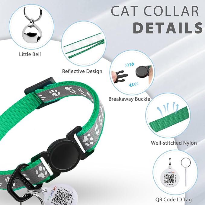 Breakaway Reflective Cat Collar with QR Name Tag & Bell (Grass Green)