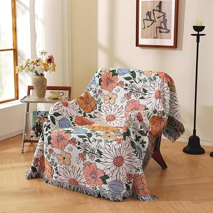 Homesy Boho Floral American Pastoral Southwest Throw Blanket 51"x63" | Southwest Decor,Modern Flower,Sofa Chair Cover,Outdoor Beach Car Tent Travel Camping Use,Tapestry,Reversible and Tassels