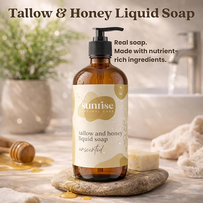 Tallow & Honey Liquid Soap – Unscented – Natural Face, Body & Hand Wash – Grass-Fed Beef Tallow Cleanser – Gentle Moisturizing Soap – 16 oz