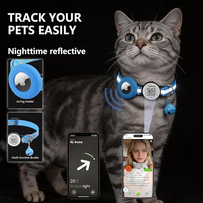 2 Pack Airtag Cat Collar, Breakaway Cat Airtag with Smart ID tag & QR Code Reflective (Reflective Strip & Paw Pattern - Blue, with Integrated AirTag Holder)