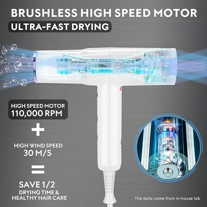 Hair Blow Dryer with Diffuser, IG INGLAM Professional High Speed Brushless Motor Negative Ion Low Noise Constant Temperature, 3 Heat Settings 3 Speeds and Cool Shot Brutton Powerful Ionic Hair Dryer
