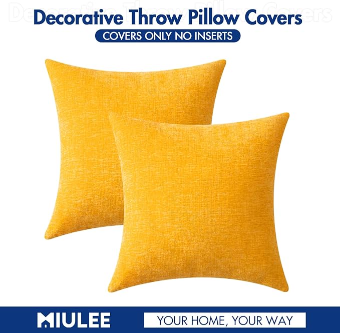 MIULEE Soft Chenille Throw Pillow Covers Goose Yellow 20x20 Inch Pack of 2 | Modern Home Decor, Classic Decorative Pillows, Solid Dyed Cases, Boho Couch Cushion Covers for Sofa Bed Living Room