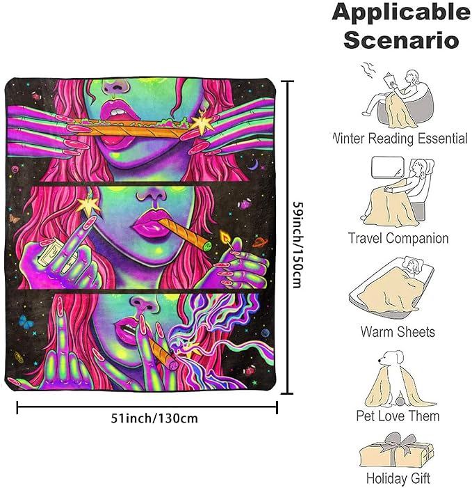 Blacklight Soft Trippy Throw Blanket - 51x59 Inch, Hippie Room Decor Marijuana Cannabis Weed Accessories