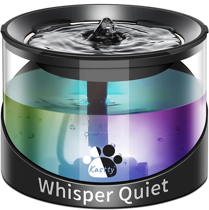 Kastty Cat Water Fountain, Pet Water Fountain for Cats Indoor, Cat Water Dispenser 2.2L/74oz, Super Quiet, Long Life Span Pump, Black+Colorful LED Light