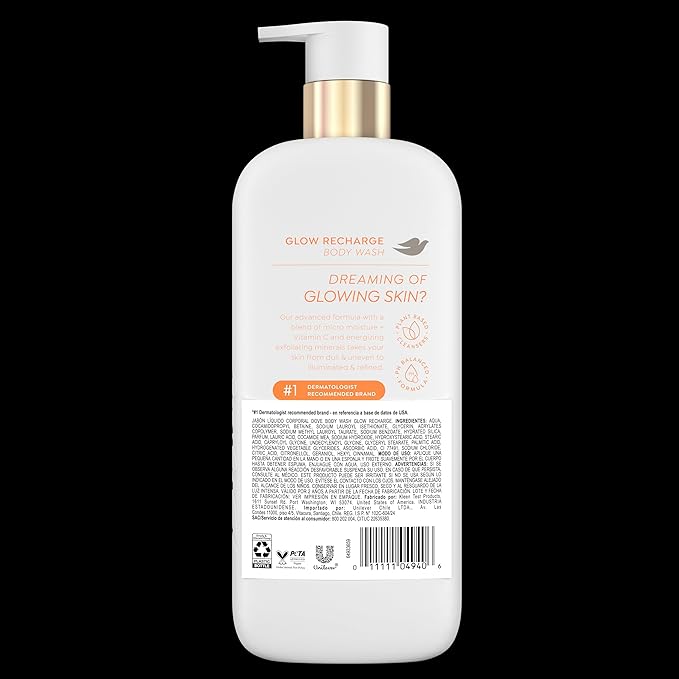 Dove Serum Body Wash Glow Recharge illuminates & Exfoliates skin with brightening Vitamin C Serum 18.5 Fl Oz (Pack of 4)