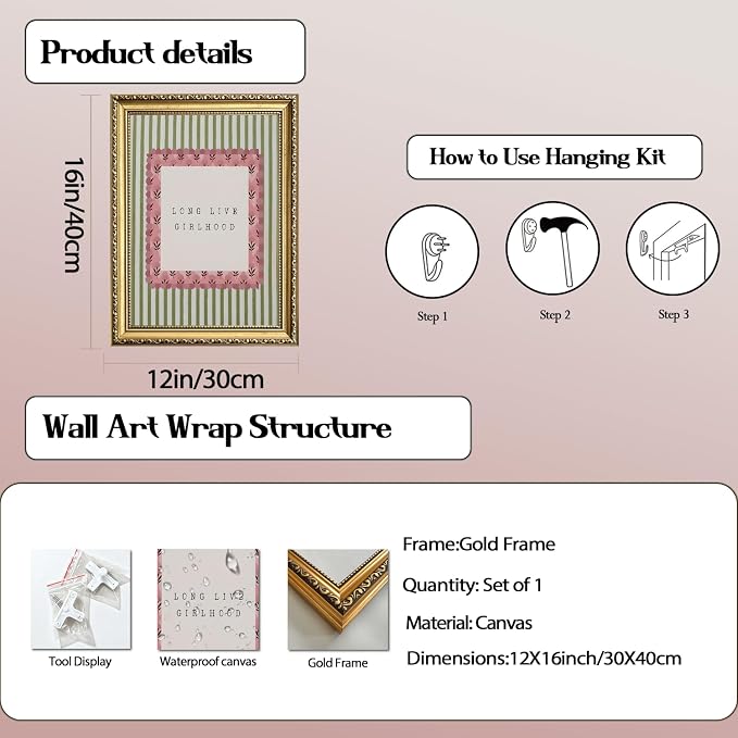 Long Live Girlhood Wall Art Vintage Girl Nursery Wall Decor Picture, Pink and Green Striped Baby Girls Poster Canvas Print Painting Artwork for Living Room Bedroom 12x16 inch Gold Framed