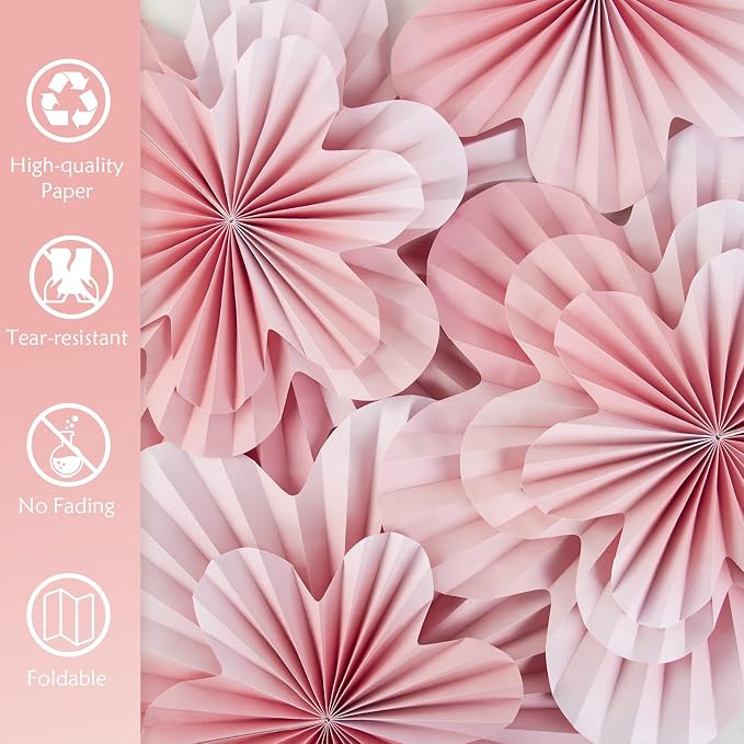 SUNBEAUTY 9 PCS Pink and Cherry Blossom Party Decorations Pink Paper Fans Decor Sunset Party Floral Backdrop Decoration Hanging Paper Flowers for Wall Birthday Wedding Baby Shower Supplies