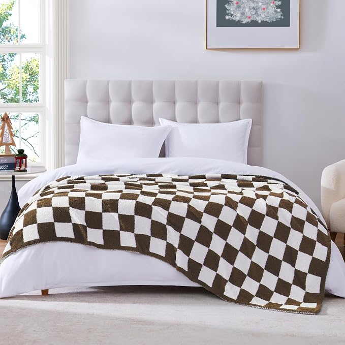 Soft Twin Size Checkered Blanket for Bed-Cozy Knitted Blankets | Lightweight Fluffy Warm Decor for Women, Mom, Her & Girls, Sofa, Chair, Couch, 60x80in,Coffee