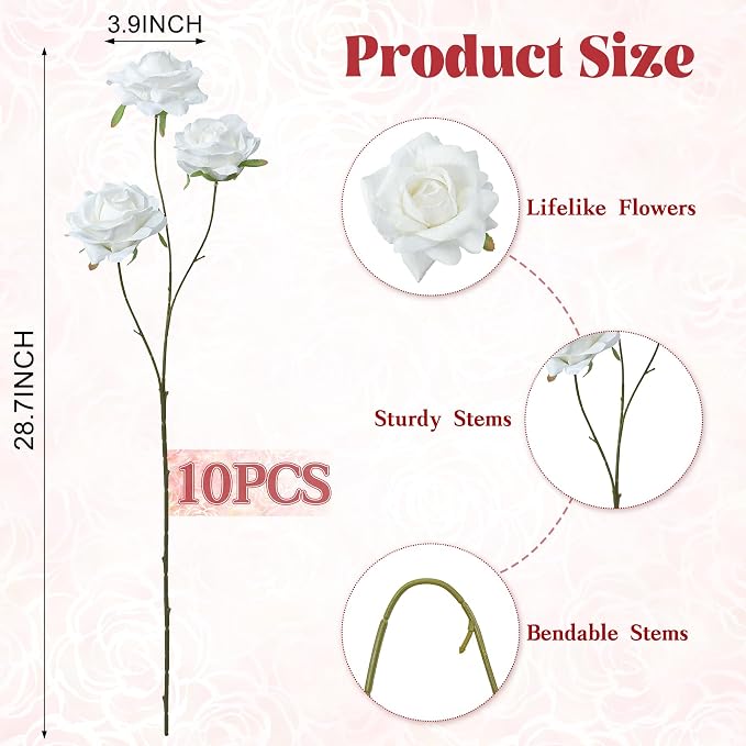 INXUGAO Artificial Flowers Fake Roses, 10 Pcs 28" Long Stem Silk White Roses for Outdoor Indoor, Realistic Faux Flowers for Tall Planter Vase Porch Patio Decor