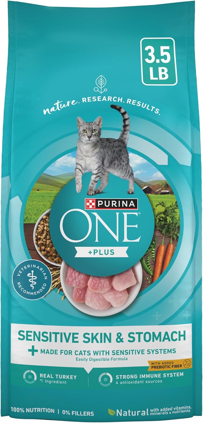 Purina ONE Sensitive Skin and Stomach Dry Cat Food 3.5 lb Bag | Real turkey is the first ingredient, easily digestible with prebiotic fiber, calcium and antioxidants for sensitive systems