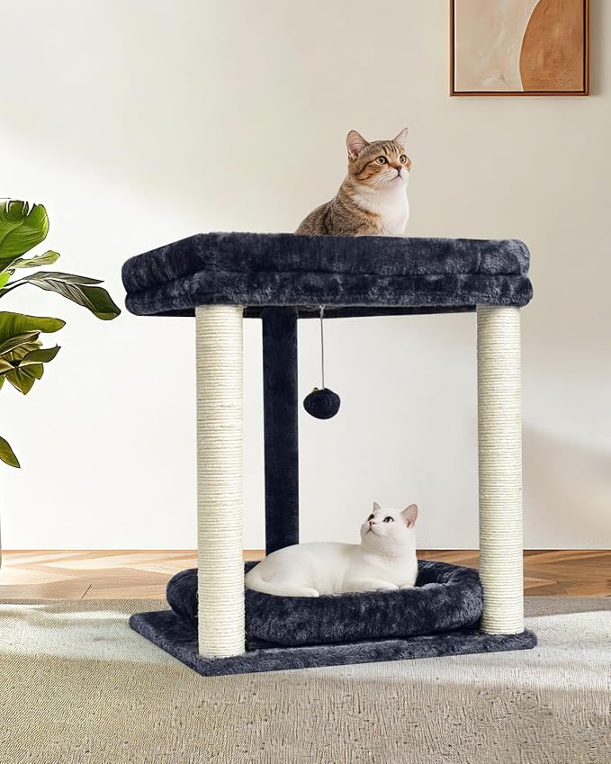 SYANDLVY Small Cat Tree for Indoor Cats with 2 Levels Perch Platforms | Natural Sisal Scratching Post Tower with Hanging Bell Ball & Anti-Tip Strap, Stable Cat Perch Furniture for Kittens, Smoky