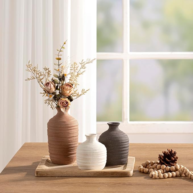 Dobbyby Ceramic Vase Set of 3 Decorative Vase for Home Decor Modern Farmhouse Decor Pottery Neutral Vases for Living Room Bathroom Table Mantel Fireplace Entryway Shelf (02-Brown)