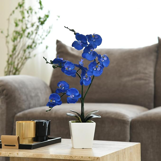 15" Silk Phalaenopsis Orchid in Square Pot, Navy Blue Flower Arrangements | Lifelike Faux Potted Blooms with Moss in a Ceramic Planter. Looks Real, Zero Upkeep, Ideal Centerpiece for Any Table