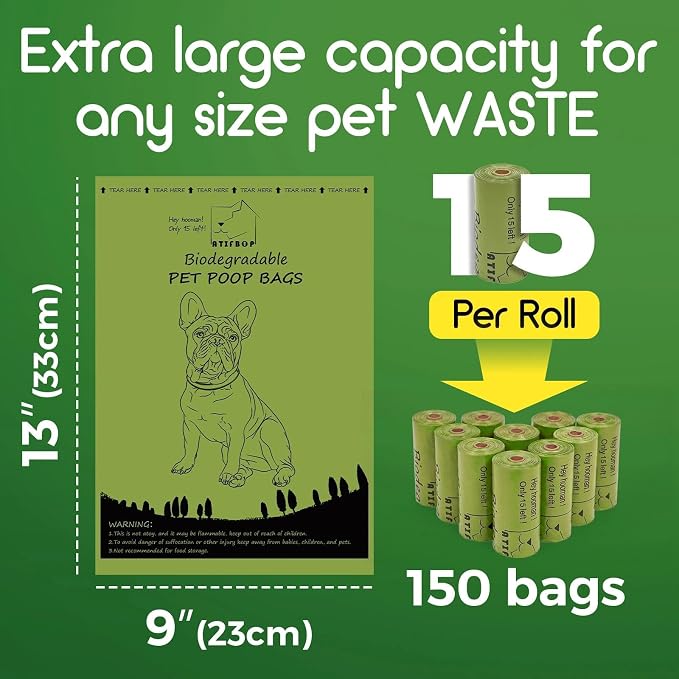 ATIFBOP Biodegradable Dog Poop Bags 150 Count 10 Rolls with Dispenser, Thicken and Leak Proof Poop Bag Holders for Leashes(Scented)