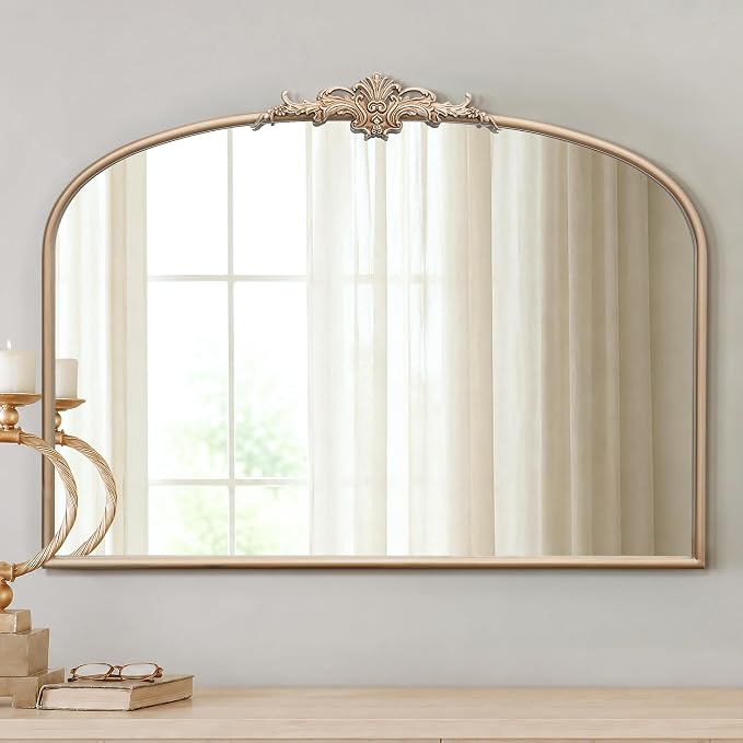 Besdomus Vintage Arched Gold Mirror: 40"x29" Large Champagne Decorative | Antique Baroque Metal Frame Mirrors - Traditional Ornate for Entryway/Dresser/Fireplace/Bathroom - Ideal for Home Renovations