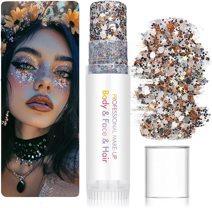 Body Glitter Stick Red Face Glitter Silver Brown Hair Glitter Christmas Face Paint Rave Makeup Glitter Festive Face Gems Halloween & Valentines Fine Chunky Glitter Stick for Women Girls 2Pack