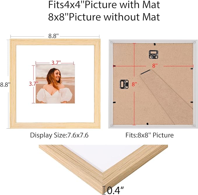 8x8 Picture Frame Set of 9, Display Pictures 4x4 with Mat or 8x8 without Mat, Multi Collage Gallery Square Photo Frames for Wall or Tabletop, Natural Wood