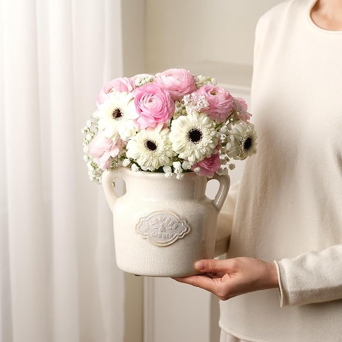 Rustic White Ceramic Vase, 5.8 Inch Vintage Flower Vases with Handle, Farmhouse Distressed Decorative Vases for Home Decor, Wide Mouth Vase for Living Room Bedroom Table Shelf Decorations