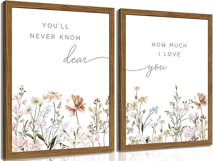 Wood Framed Wildflower Nursery Wall Art Set of 2, Boho Flower Botanical Wall Decor Paintings, Baby Girl Nurseries Pictures Posters Prints for Nursery Baby Room Bedroom Home Decoration 12x16 Inch
