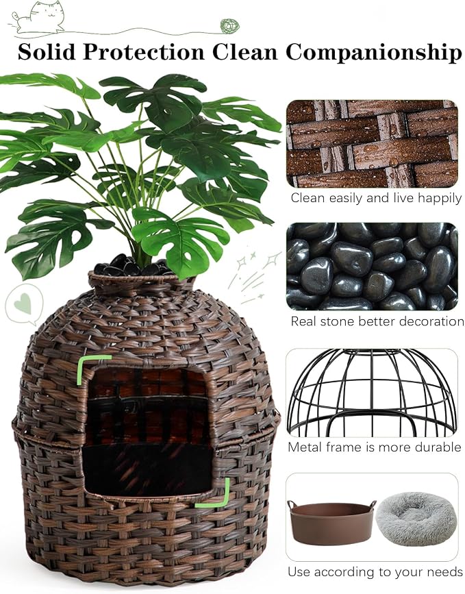SETVSON Cat Litter Box Plant Furniture Enclosure, PE Rattan House, Brown | Decorative Planter Design, Removable Top for Easy Cleaning, Built-in Litter Box, Compact 20x20x38.97 Inches, PE Rattan House