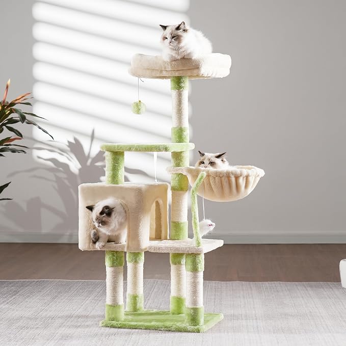 Heybly Cat Tree with Toy, 43.3 inch Cat Tower for Indoor Cats HCT004SGM | Cat Condo with Durable Sisal Scratching Posts, Cat House with Padded Plush Perch, Cozy Hammock, Green and Beige