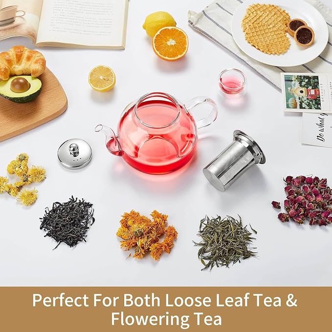 DOPUDO Glass Teapot with Infuser 60OZ (1800ml) Stovetop Safe, Clear Glass Tea Pot Kettle, Borosilicate Tea Pot with Infusers Filter for Loose Tea, Tea Kettle Dishwasher Safe