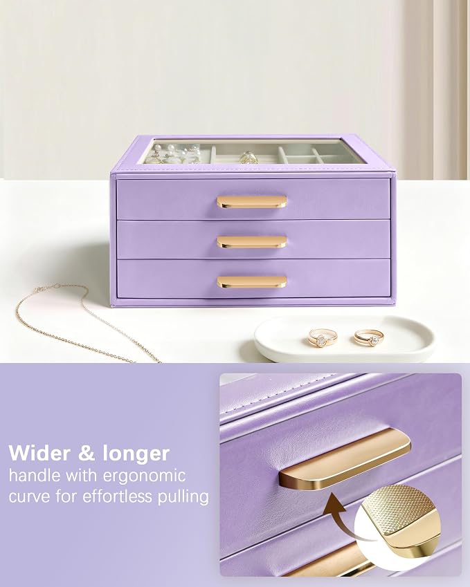 Homeanda Jewelry Boxes Organizer with Glass Lid, 3-Layer PU Leather, Purple | Modern style display case with 3 drawers for daily jewelry, women, mom or girl gift
