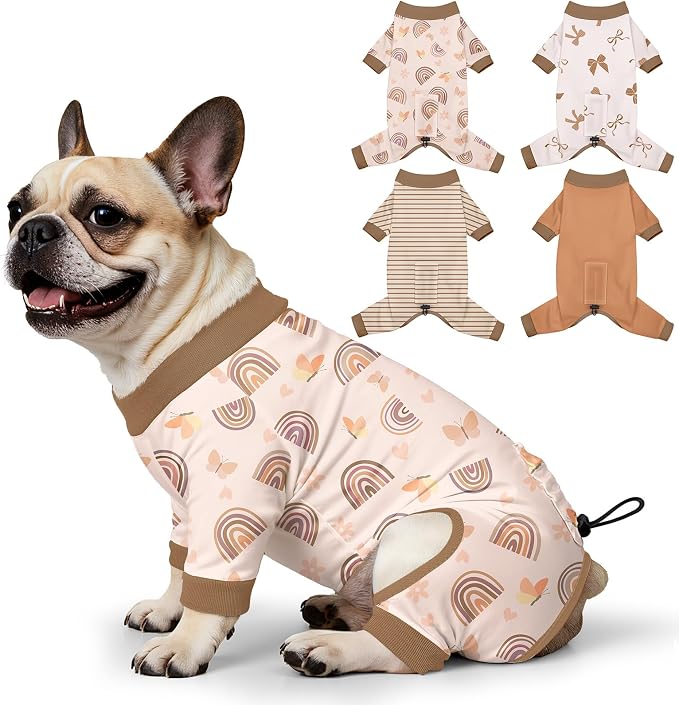 Bienbee Dog Pajamas, 4 Pack Adjustable Onesies for Small to Large Dogs L | Dog Shedding Suit with Soft Fabric, Breathable & Stretchy, and Adjustable Back Length for Sleeping Lounging and Daily Use