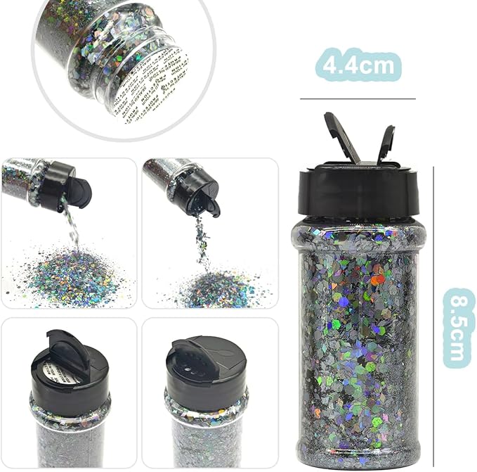 Dark Silver - Holographic Craft Glitter - 2oz Glitter Shaker Bright Colorful Mix Chunky Body Glitter Bulk - 24 Colors in Shaker, Cosmetic Grade Glitter - EBLB901