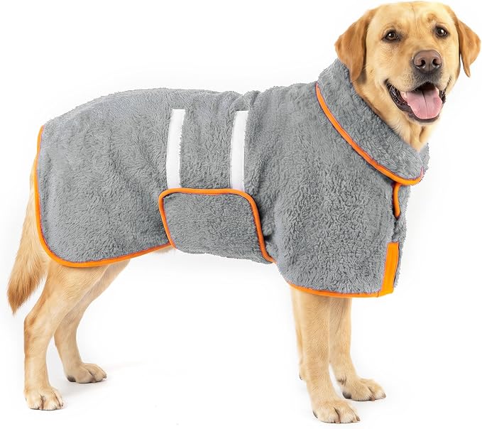 Bienbee Dog Bathrobe, Super Absorbent for Small to Large Dogs, Grey L | Dog Robes with Soft Fleece, Warm & Cozy, Adjustable Fit, and Quick Drying Coat for Baths Swimming and Grooming