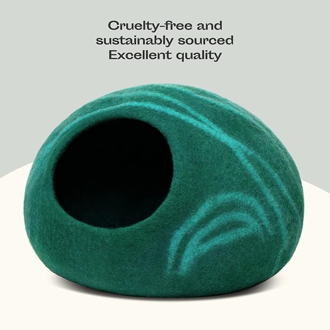 Cat Cave - Merino Wool Bed for Indoor Cats (Emerald, Large) | Cat Bed Enclosure, Premium Felt, Handmade, Super Soft, Lightweight, Breathable, Adjustable Shape