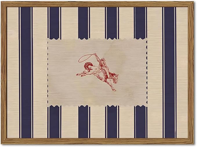 Vintage Western Wall Decor, Striped Rodeo Wall Art Mid Century Southwestern Cowboy Poster Canvas Prints Retro Horse Riding Artwork for Bedroom Living Room Farmhouse 12x16 inch Framed
