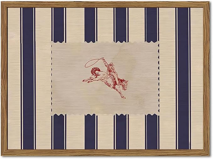 Vintage Western Wall Decor, Striped Rodeo Wall Art Mid Century Southwestern Cowboy Poster Canvas Prints Retro Horse Riding Artwork for Bedroom Living Room Farmhouse 16x24 inch Framed