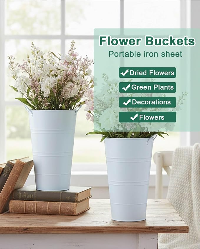 12 Inch Galvanized Metal Vase, 6 Pack Tall Flower Buckets with Handles | Galvanized metal flower buckets with handles, rustic tall vase design for dried flowers, weddings, farmhouse and home decor.