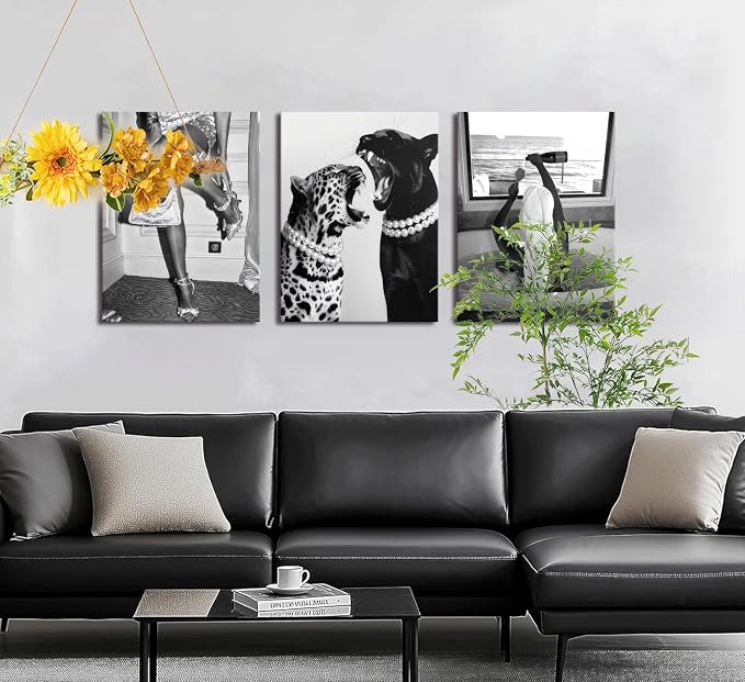 Bathroom Fashion Leopard Print Black and White Canvas Wall Art Trendy Women Posters Paintings Luxury Feminist Pictures Wall Decor for Bedroom Living Room Hallway Home Decoration 12×16 In Framed