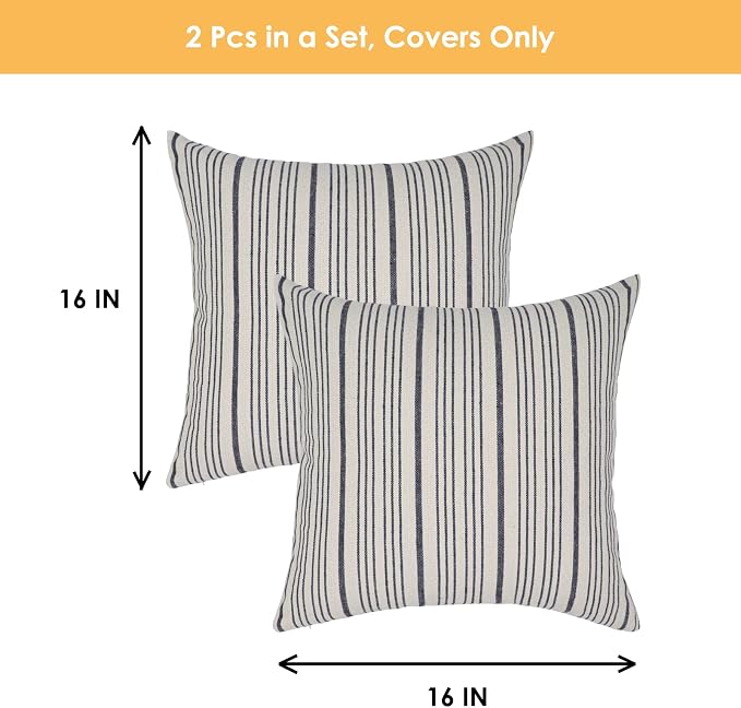 Navy Outdoor Striped Decorative Couch Throw Pillow Covers 16x16 | Pack of 2 Farmhouse 16 x16 in Square Throw Pillows for Couch Sofa Bed Navy and Cream