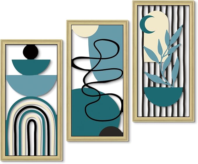 Putuo Decor Boho Wall Art Set of 3 Modern Minimalist Wooden Wall Decor Abstract Geometric Room Decorations Mid Century Artwork for Living Room Bedroom Office in Blue Tones 16.5 x 8.6 Inch