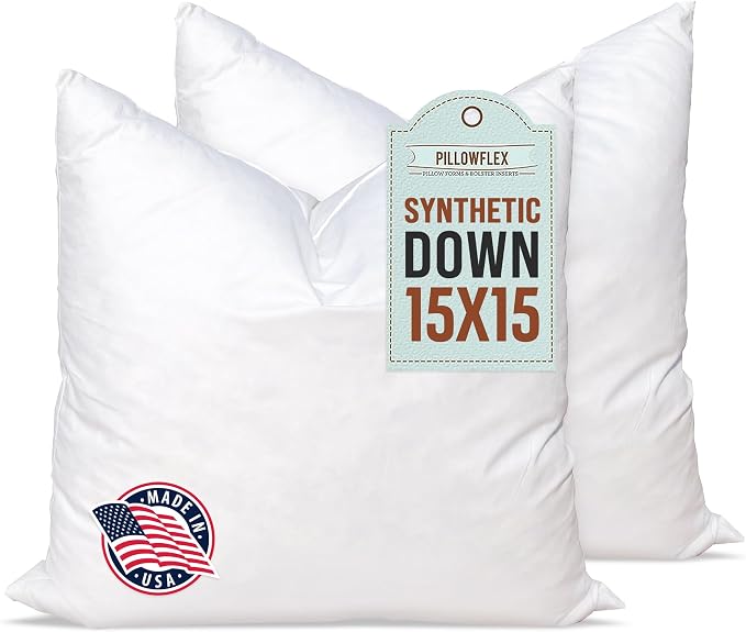 Pillowflex Synthetic Down Pillow Insert 15x15 in - Karate Chop Pillow | Set of 2 - Small Square Sham Forms, Plush Polyester Cotton Blend, Cloud-Like Comfort, Clump-Resistant Fill, Smooth Finish