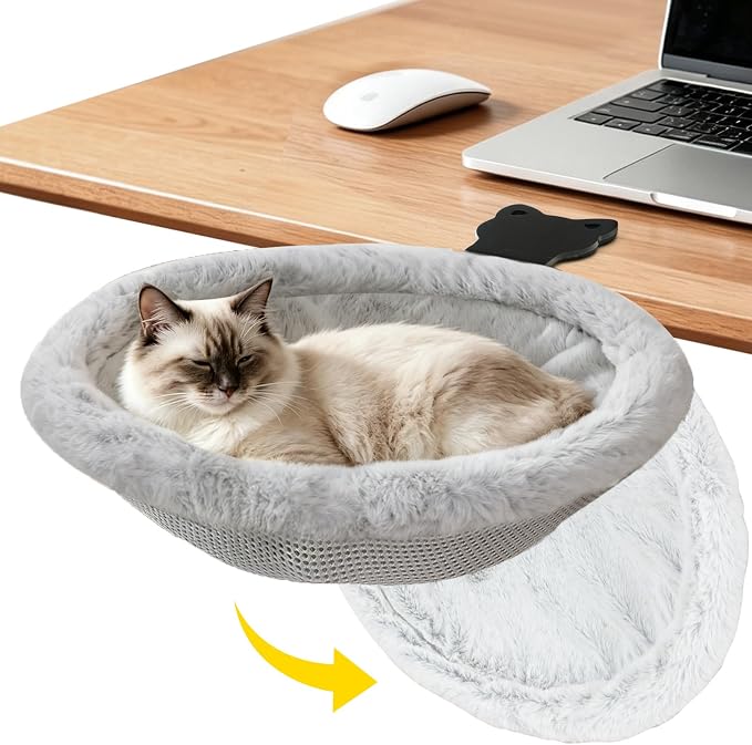 Cat Desk Bed,Cat Desk Hammock with Foldable Clip-On, Light Gray | Reversible Double-Sided Mat&No-Drill Sturdy Metal Cats Perch,Supports 40 lbs,Space-Saving Cats Furniture for Home Office Game