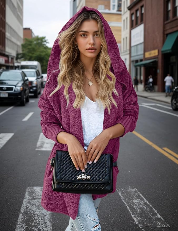 Zilcremo Women Hooded Cardigan Fuzzy Jacket Winter Open Front Fleece Coat Outwear with Pockets
