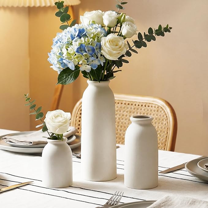 White Ceramic Vases Set of 3, Small Flower Decorative Vase Waterproof | Farmhouse Vases for Pampas Grass & Dried Flowers, Rustic Vase for Table Bookshelf, Living Room