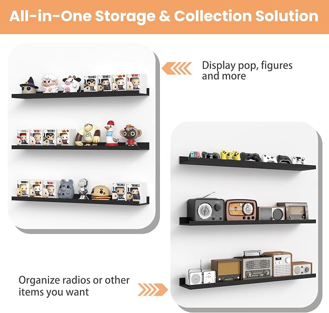 upsimples Floating Shelves for Wall Decor and Storage, Black, 6Pcs 47.3'' | Wall Mounted Wood Shelves for Living Room, Bedroom, Kitchen, Office, Hallways Display and Organize Photos