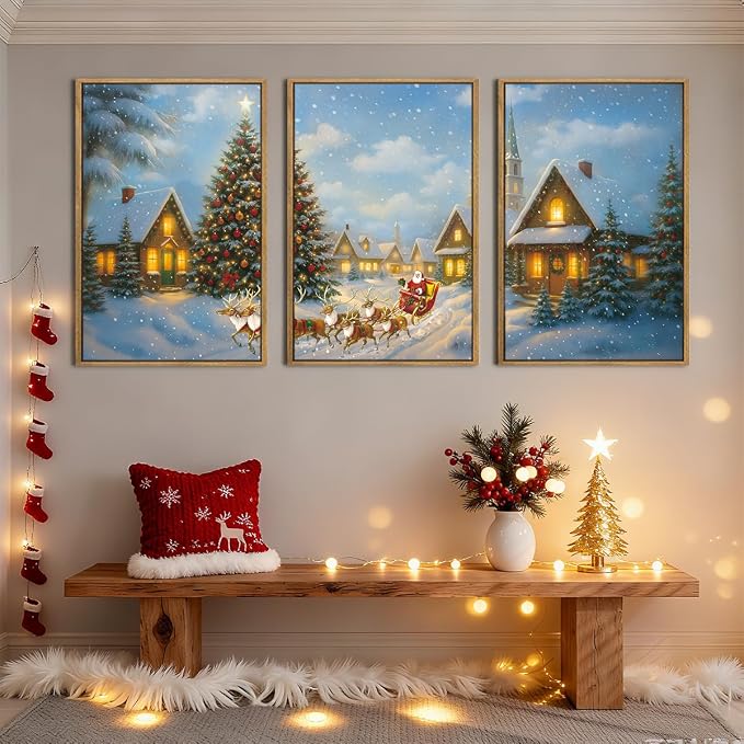 BINCUE Christmas Wall Art Framed Santa Claus Wall Art Decor Santa Winter Wall Painting for Living Room Bedroom Dining Room 16x24 Inches Set of 3