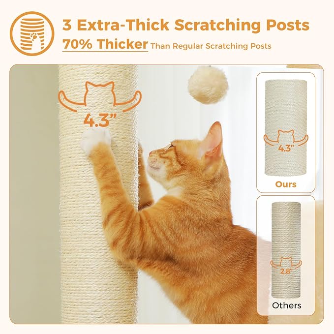 PAWZ Road Large Cat Tree, 45" Heavy Duty Cat Tower with Dual Condos, Gray | thick scratching posts(φ4.3"), 21"x21" spacious perch, large scratching ramp, dual condos for large&maine cats
