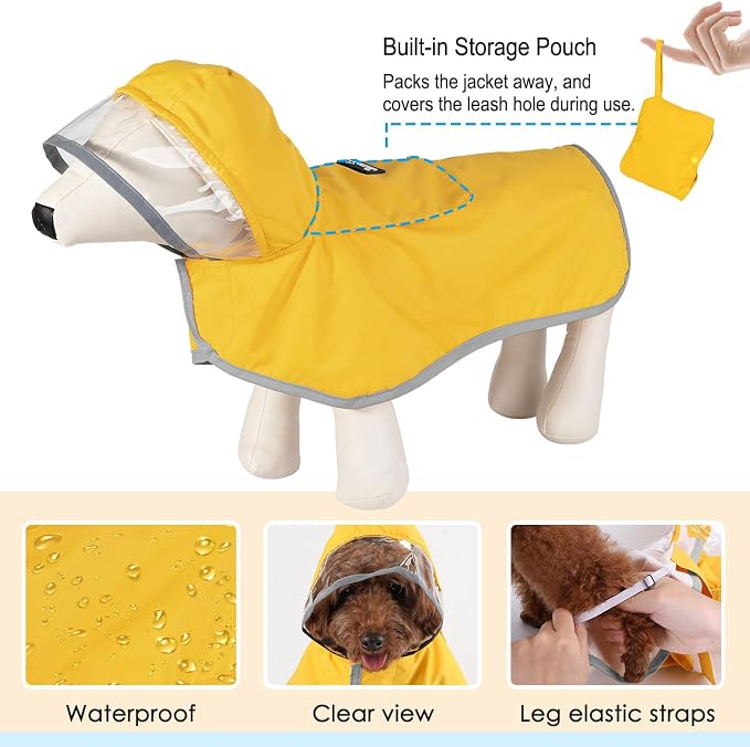 Lukovee Dog Raincoat, Waterproof Rain Jacket, Clear Hood & Reflective Rim | Easy On Off Adjustable Straps, Leash Hole, Soft Mesh Lining, Storage Pocket, Poncho for Small Medium Large Dogs (Yellow, S)