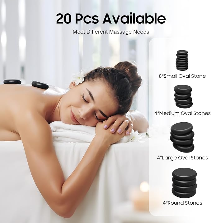 NICECHOOSE Hot Stones Massage Kit, 20Pcs Portable Smooth and Natural Basalt Hot Rocks Set Massage Stone Warmer with Heater Box for Spa Body Relaxing Massage Therapy