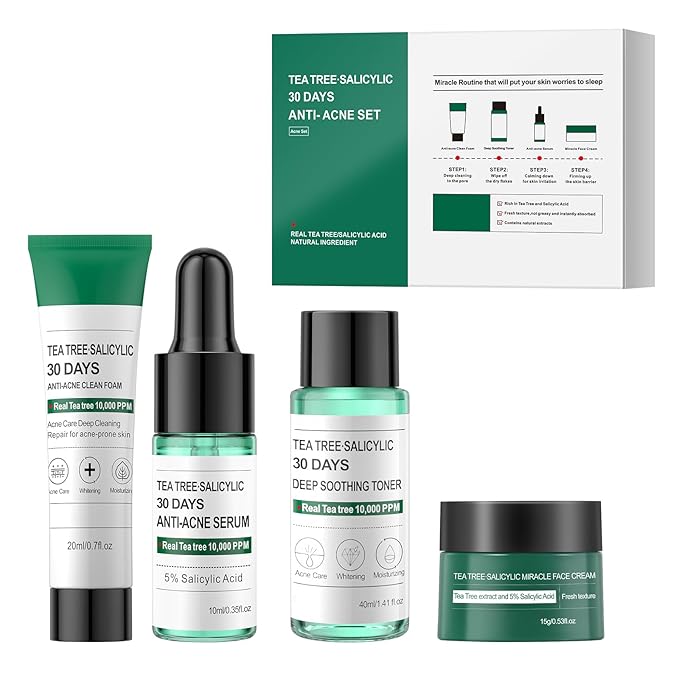 Tea Tree Salicylic Acid Facial Skin Care Set, Travel Size Set Cystic Hormonal Acne Treatment Face Wash Cleanser, Facial Toner Cream Moisturizer Travel Essentials for Pimple