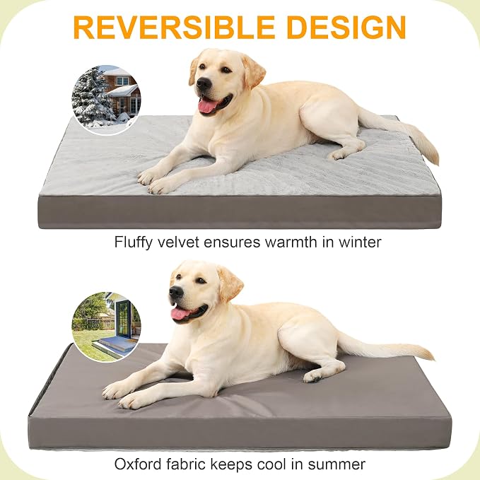 KSIIA Orthopedic Dog Bed for Extra Large Dogs with Waterproof, Grey, 53x36 | Deluxe Soft Plush Dog Crate Bed, Washable Pet Mat with Removable Cover & Egg Crate Foam for Extra Large Dogs Sleeping